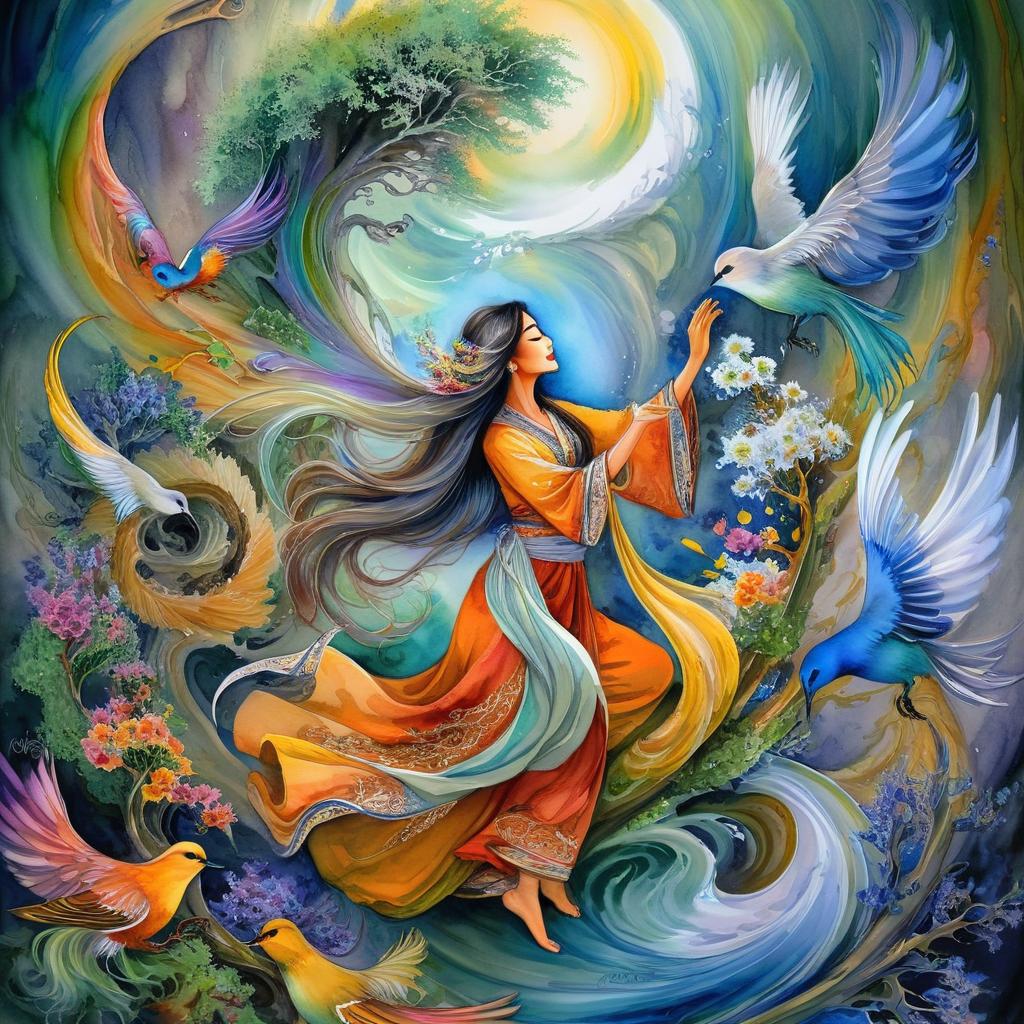 Mystical watercolor painting, full body of a cute woman in a swirl of flowers and asymmetric bonsai trees and beautiful colorful birds, beautiful mystical Iranian woman with closed eyes with long hair swirling in the air dancing in a dream and wearing a long winding dress, all elements are intertwined, high detail