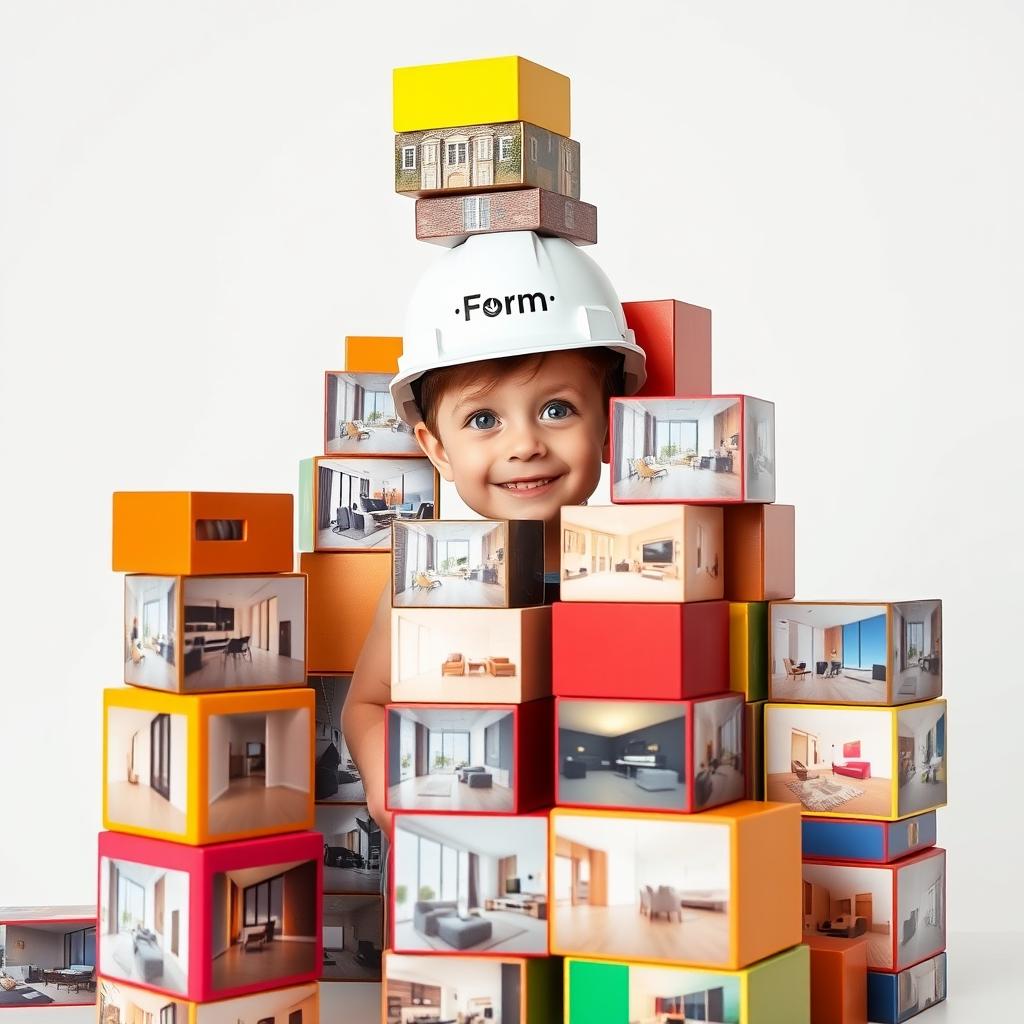 Colorful rectangular blocks of various sizes stacked vertically and irregularly in a column, each block displaying a real photo of the same floor from a very luxurious smart apartment