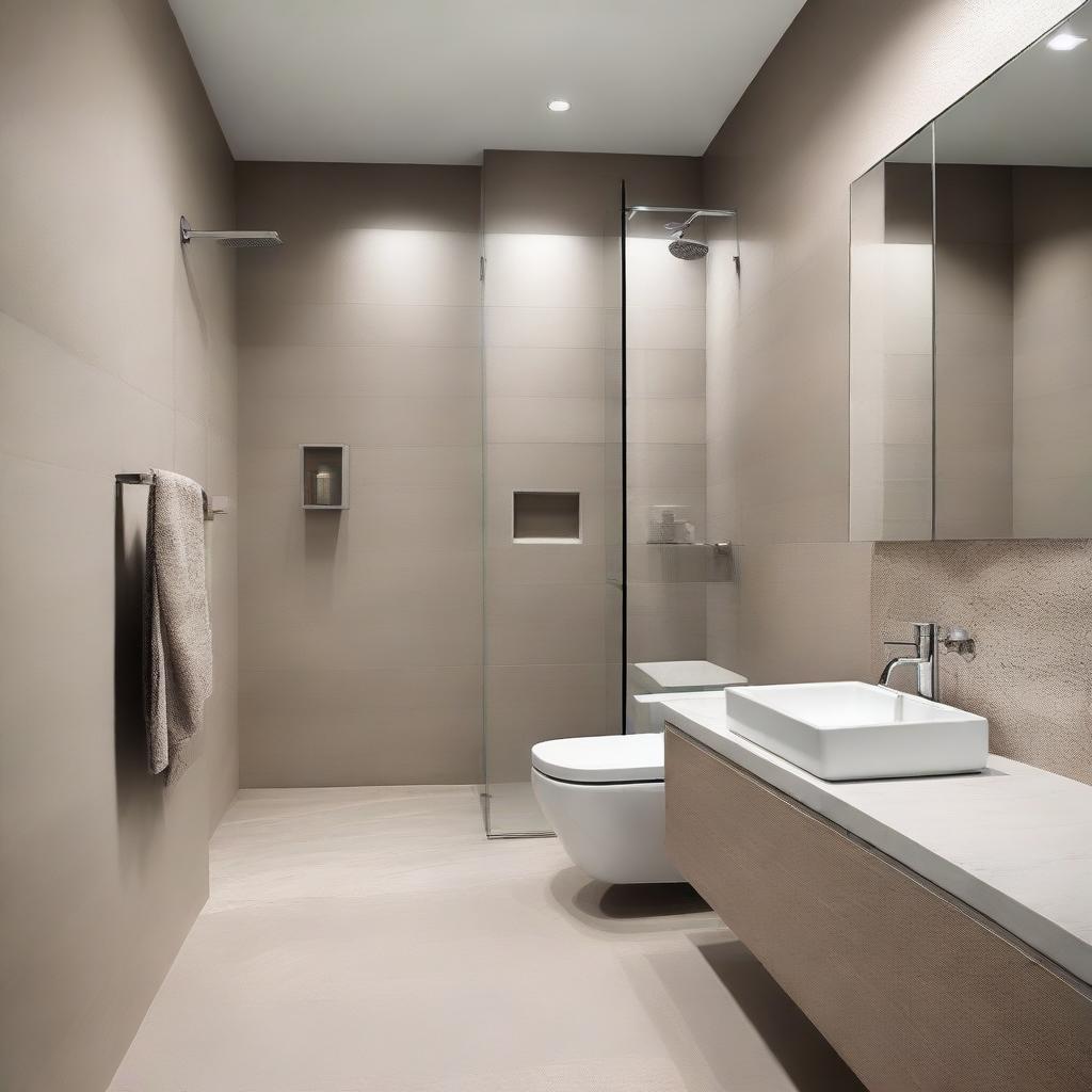 A modern, spatially efficient bathroom with sleek fixtures, a walk-in shower, clean lines, minimalist decor, and neutral tones.