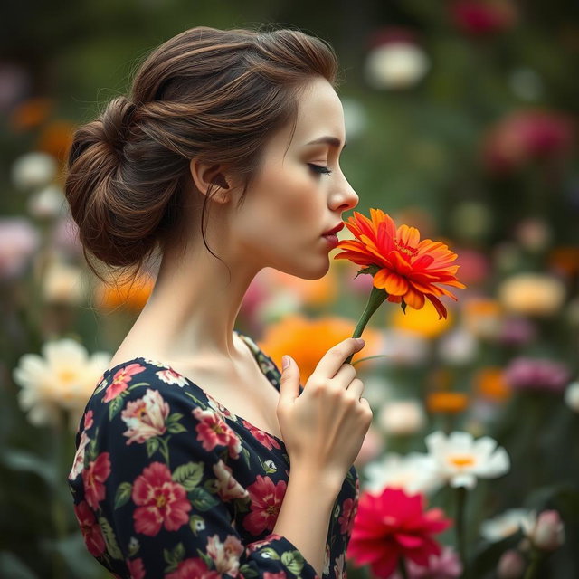 A bust profile of a beautiful enigmatic woman smelling a flower, wearing a lovely floral-patterned dress