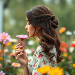 A bust profile of a beautiful enigmatic woman smelling a flower, wearing a lovely floral-patterned dress