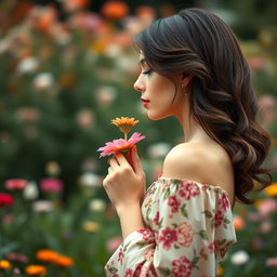 A bust profile of a beautiful enigmatic woman smelling a flower, wearing a lovely floral-patterned dress