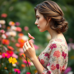 A bust profile of a beautiful enigmatic woman smelling a flower, wearing a lovely floral-patterned dress