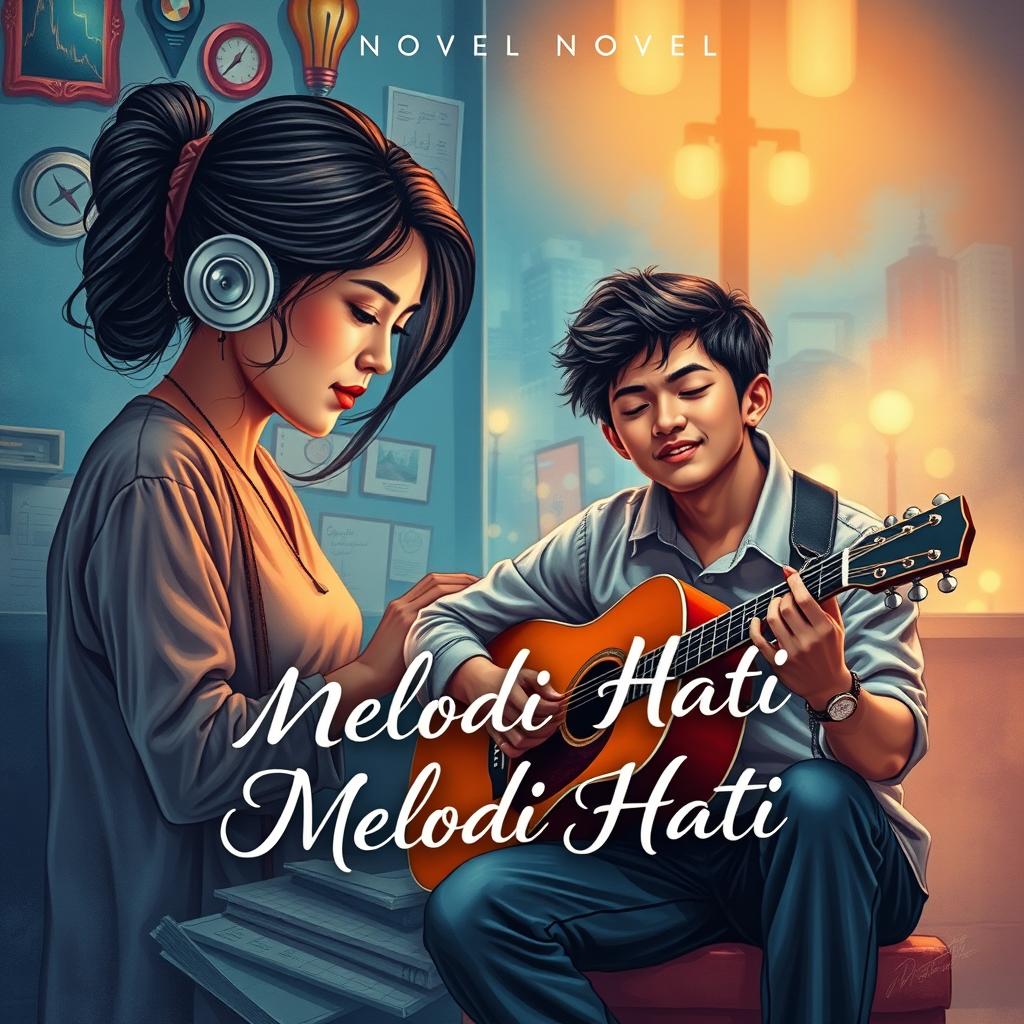 A captivating novel cover for 'Melodi Hati' featuring a woman graphic designer deeply engrossed in her creative process, surrounded by colorful design elements and modern digital tools