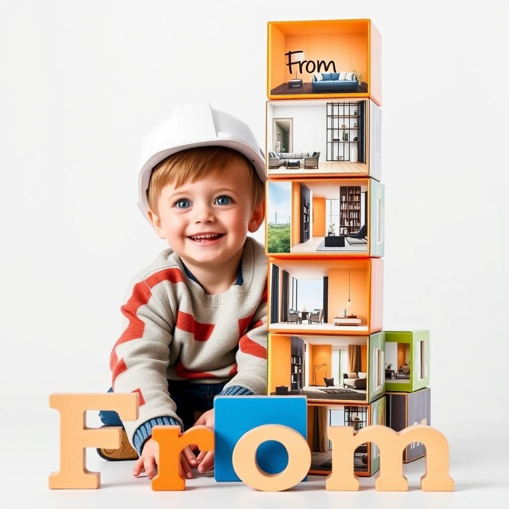 A scene depicting a colorful, medium-sized rectangular blocks stacked vertically and unevenly to form a column, portraying images of a very luxurious smart apartment on each block