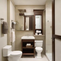 An interior view of a very small but well-organized bathroom with attention to detail.