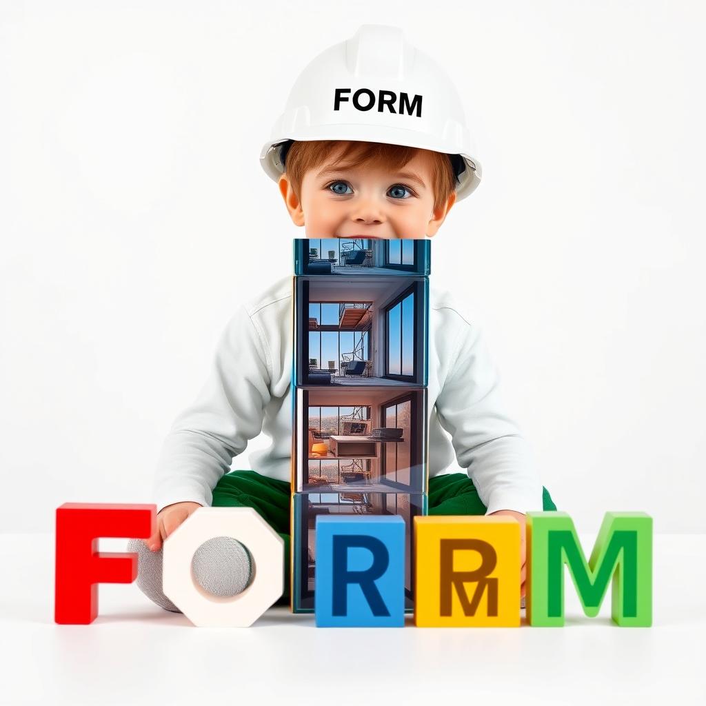 A cheerful three-year-old European boy with beautiful blue eyes, sitting while building a vertical stack of medium-sized, colorful rectangular prisms