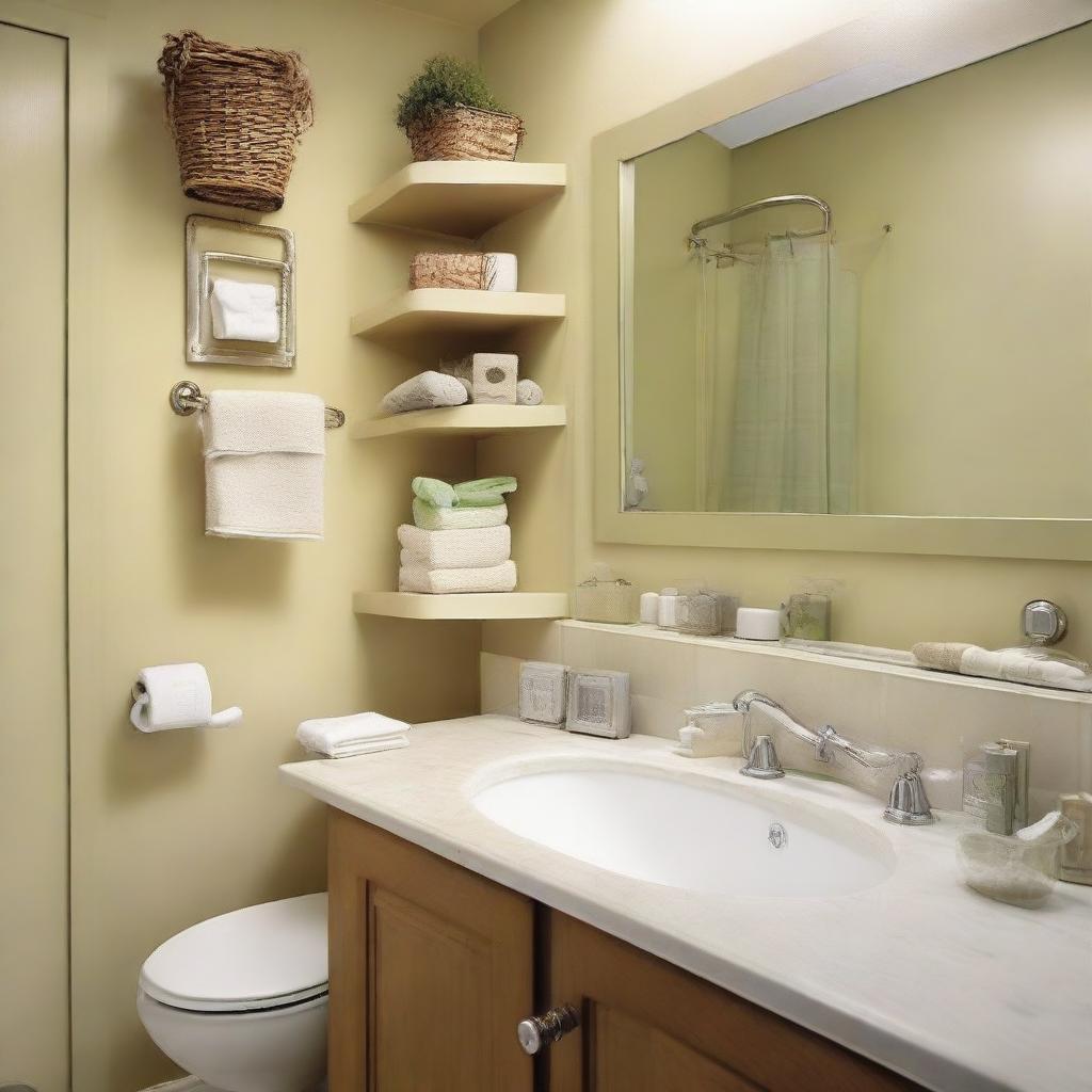 An interior view of a very small but well-organized bathroom with attention to detail.