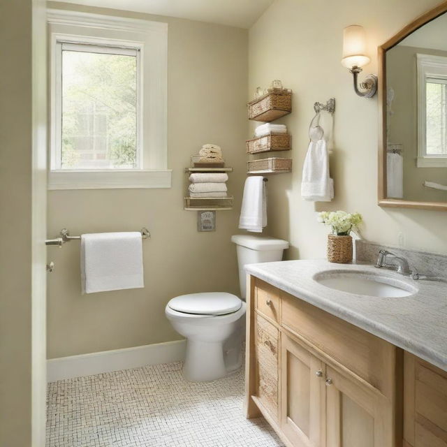 An interior view of a very small but well-organized bathroom with attention to detail.