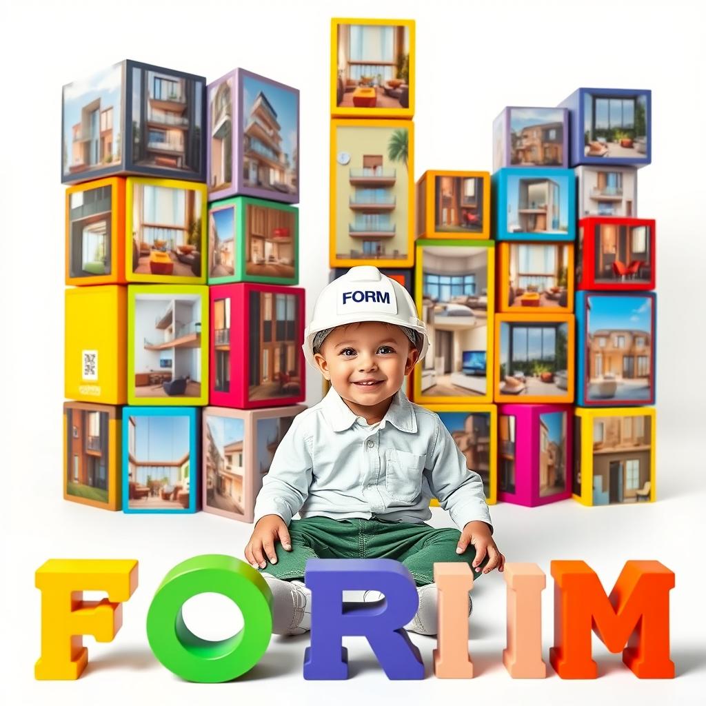 A vivid and colorful arrangement of large rectangular blocks of various sizes stacked vertically and irregularly in a column, each block displaying a real photograph of a luxurious smart apartment on the same floor