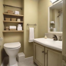 An interior view of a very small but well-organized bathroom with attention to detail.