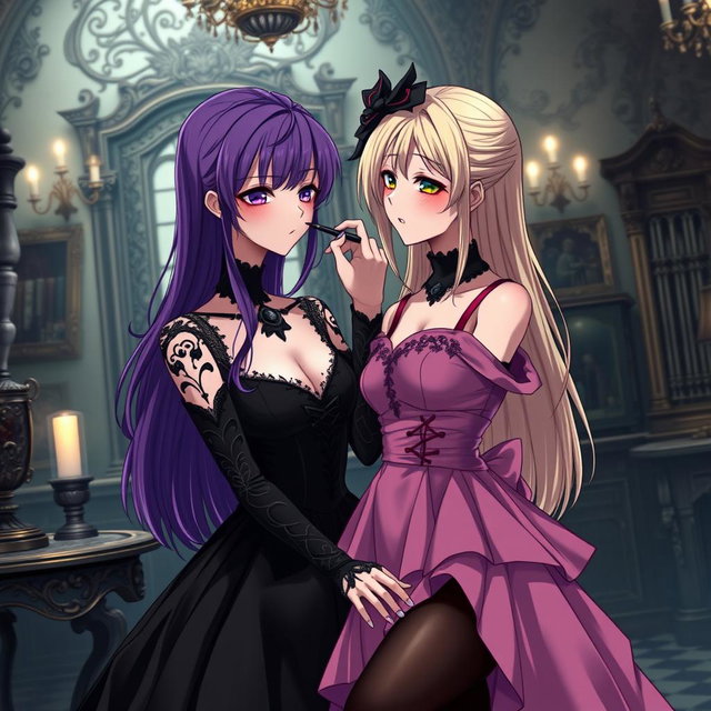 A gothic anime scene capturing a beautiful girl with striking purple hair, elegantly dressed in a stunning black dress that highlights her large bust