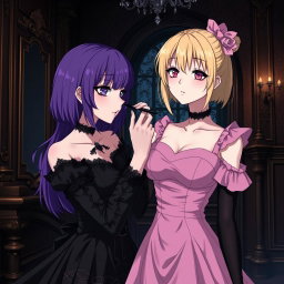 A gothic anime scene capturing a beautiful girl with striking purple hair, elegantly dressed in a stunning black dress that highlights her large bust
