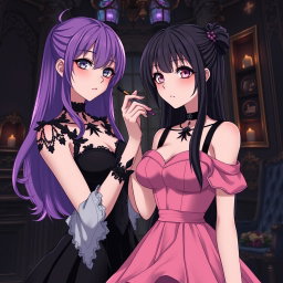 A gothic anime scene capturing a beautiful girl with striking purple hair, elegantly dressed in a stunning black dress that highlights her large bust