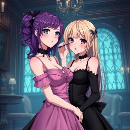 A gothic anime scene capturing a beautiful girl with striking purple hair, elegantly dressed in a stunning black dress that highlights her large bust