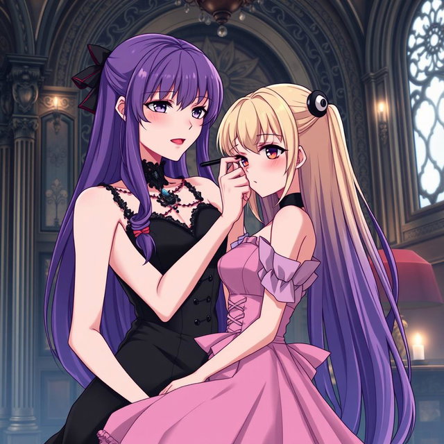 A gothic anime scene showcasing a beautiful girl with long purple hair, dressed in a stunning black dress that accentuates her large bust