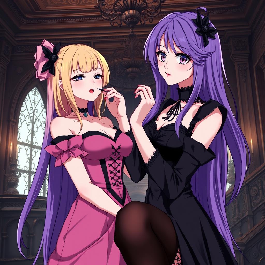 A gothic anime scene showcasing a beautiful girl with long purple hair, dressed in a stunning black dress that accentuates her large bust