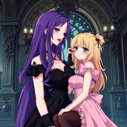 A gothic anime scene showcasing a beautiful girl with long purple hair, dressed in a stunning black dress that accentuates her large bust
