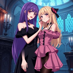 A gothic anime scene showcasing a beautiful girl with long purple hair, dressed in a stunning black dress that accentuates her large bust