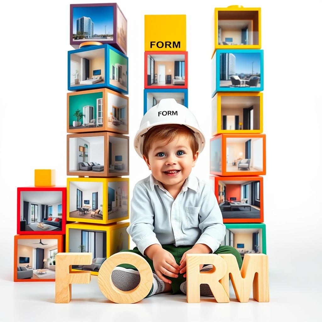 A collection of large, colorful cuboids of various sizes stacked vertically and unevenly in a column, showcasing images from a very luxurious smart apartment from different floors within each cuboid