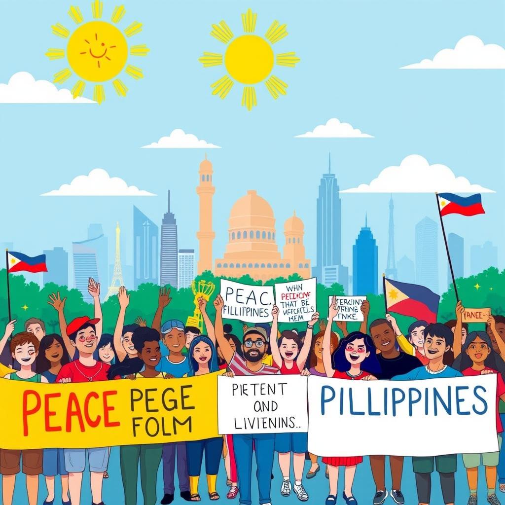 A vibrant and inspiring illustration of a peaceful revolution for freedom in the Philippines