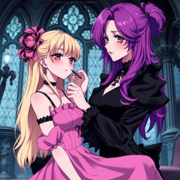 A captivating gothic anime scene featuring a striking girl with long, vibrant purple hair, elegantly clad in a luxurious black dress that enhances her large bust