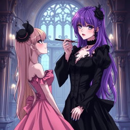 A captivating gothic anime scene featuring a striking girl with long, vibrant purple hair, elegantly clad in a luxurious black dress that enhances her large bust