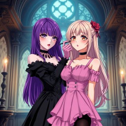 A captivating gothic anime scene featuring a striking girl with long, vibrant purple hair, elegantly clad in a luxurious black dress that enhances her large bust