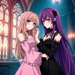 A captivating gothic anime scene featuring a striking girl with long, vibrant purple hair, elegantly clad in a luxurious black dress that enhances her large bust