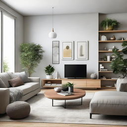 A modern living room viewed from the front, without a couch. Equipped with a large flat-screen TV, bookshelves, an elegant coffee table, and well-placed indoor plants.