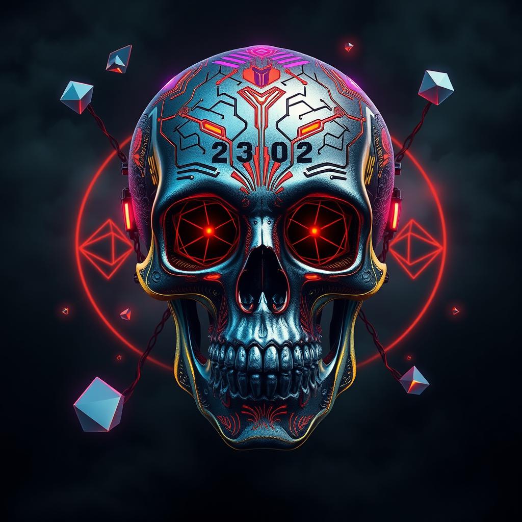 A highly stylized, intricately designed skull with cool elements, featuring metallic textures, glowing neon accents, and decorated with vibrant, abstract patterns