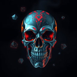 A highly stylized, intricately designed skull with cool elements, featuring metallic textures, glowing neon accents, and decorated with vibrant, abstract patterns