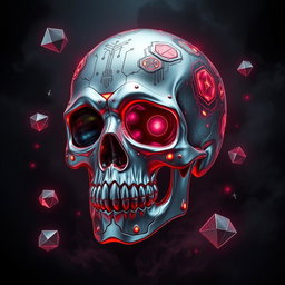 A highly stylized, intricately designed skull with cool elements, featuring metallic textures, glowing neon accents, and decorated with vibrant, abstract patterns