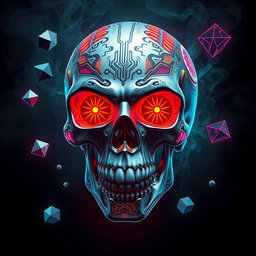 A highly stylized, intricately designed skull with cool elements, featuring metallic textures, glowing neon accents, and decorated with vibrant, abstract patterns