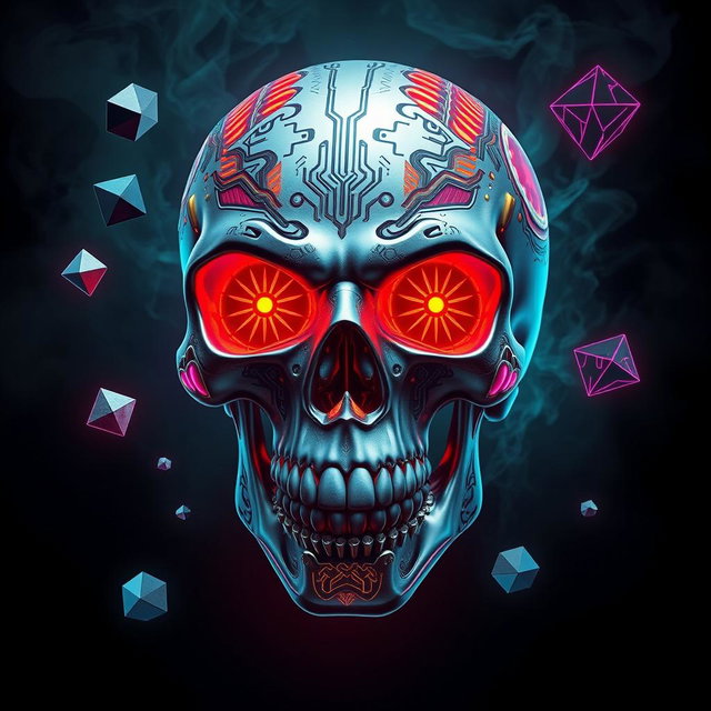 A highly stylized, intricately designed skull with cool elements, featuring metallic textures, glowing neon accents, and decorated with vibrant, abstract patterns