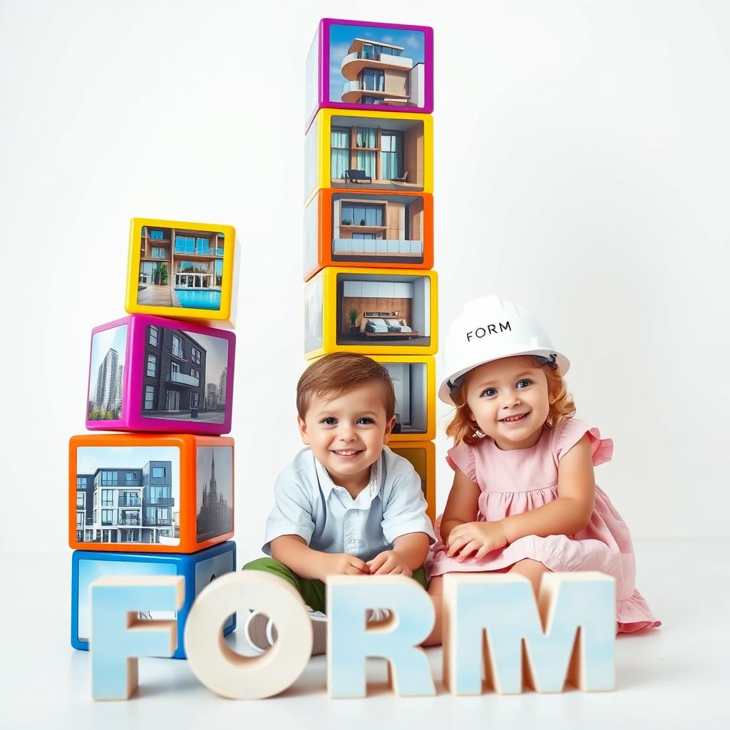 Colorful rectangular cubes stacked on top of each other in a tall, irregular column, each cube displaying a real photo of a luxurious smart apartment from the same floor
