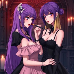 A captivating gothic anime scene featuring a striking girl with long, vibrant purple hair, elegantly dressed in a beautiful black dress that emphasizes her large bust