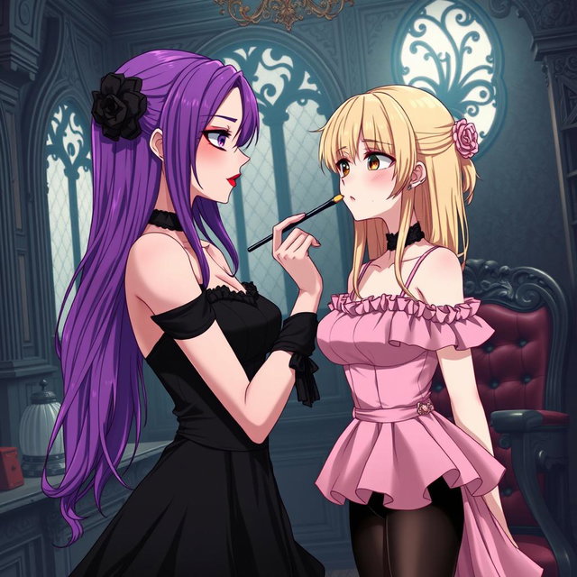 A captivating gothic anime scene featuring a striking girl with long, vibrant purple hair, elegantly dressed in a beautiful black dress that emphasizes her large bust