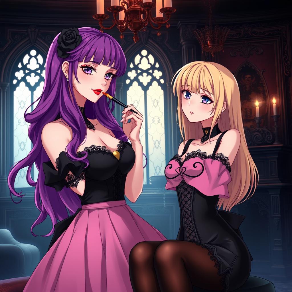 A captivating gothic anime scene featuring a striking girl with long, vibrant purple hair, elegantly dressed in a beautiful black dress that emphasizes her large bust