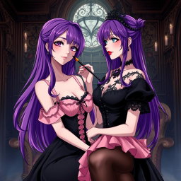 A captivating gothic anime scene featuring a striking girl with long, vibrant purple hair, elegantly dressed in a beautiful black dress that emphasizes her large bust