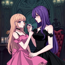A gothic anime scene featuring a striking girl with long purple hair, adorned in a beautiful black dress that emphasizes her large bust