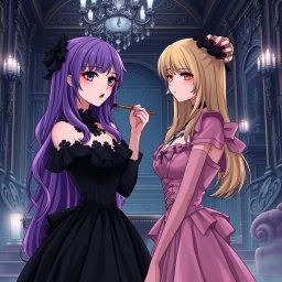 A gothic anime scene featuring a striking girl with long purple hair, adorned in a beautiful black dress that emphasizes her large bust