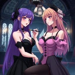 A gothic anime scene featuring a striking girl with long purple hair, adorned in a beautiful black dress that emphasizes her large bust