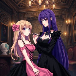 A gothic anime scene featuring a striking girl with long purple hair, adorned in a beautiful black dress that emphasizes her large bust