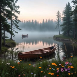 A serene forest scene at dawn, featuring a tranquil lake reflecting the pastel hues of the sky