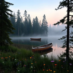 A serene forest scene at dawn, featuring a tranquil lake reflecting the pastel hues of the sky
