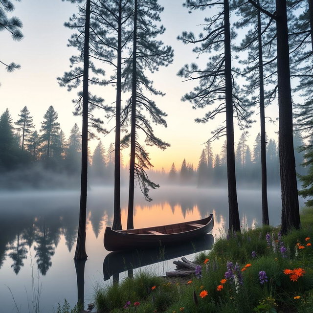 A serene forest scene at dawn, featuring a tranquil lake reflecting the pastel hues of the sky