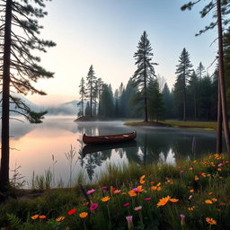 A serene forest scene at dawn, featuring a tranquil lake reflecting the pastel hues of the sky