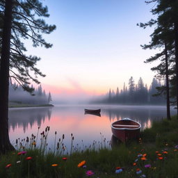 A serene forest scene at dawn, featuring a tranquil lake reflecting the pastel hues of the sky