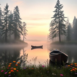 A serene forest scene at dawn, featuring a tranquil lake reflecting the pastel hues of the sky